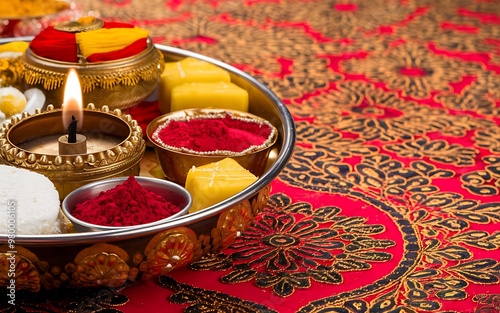 Generative-AI close-up of traditional Bhai Dooj thali with festive decorations and sweets photo