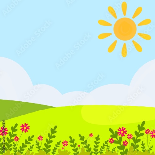 Cartoon forest background. Sun rays falling on the glade with flowers and trees. Beautiful nature landscape concept for banner, camping, magical forest. Summer or spring scene. Vector illustration