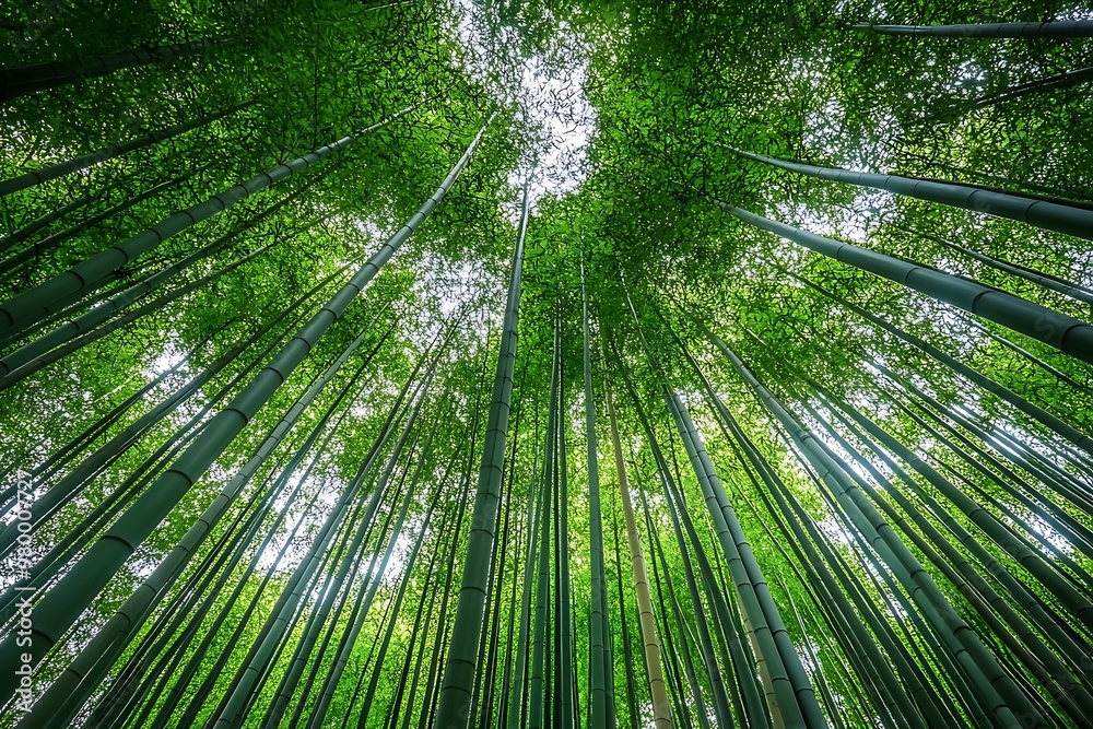 Looking up at tall green bamboo trees in a forest. Nature, plants, leaves, and green environment. Looking up at tall green bamboo trees in a forest. Nature, plants, leaves, and green environment.