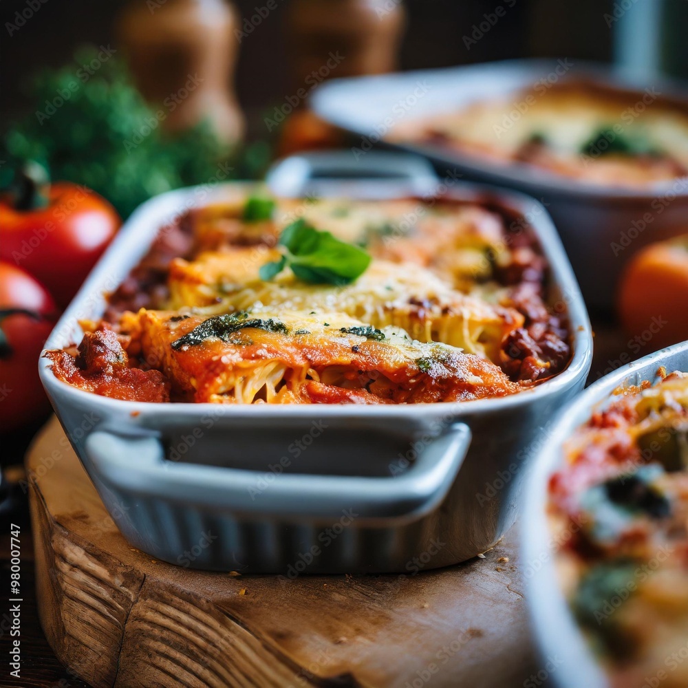 Rustic dinner casseroles with depth of field showcasing layered ingredients and rich flavors Rustic dinner casseroles with depth of field showcasing layered ingredients and rich flavors