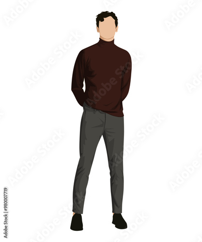 Vector illustration of a man in a dark red turtleneck and dark gray pants. Understated style