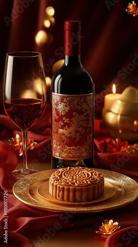 Wallpaper Mural Creative Elegant Mooncake with Red Wine and Golden Decorations in Festive Table Setting. Torontodigital.ca