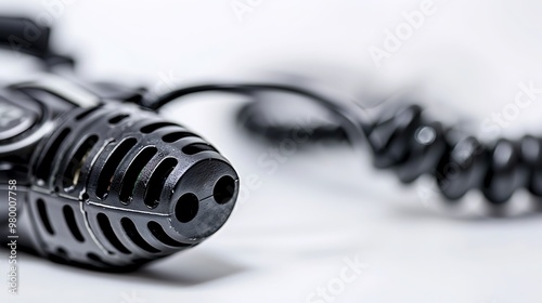 A close-up of a police officera??s radio with a coiled microphone on a white background. photo