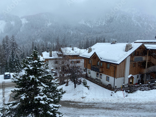 house in snowy mountains