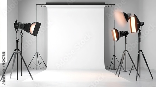 A minimalist photography studio setup with professional lighting, camera equipment, and a backdrop