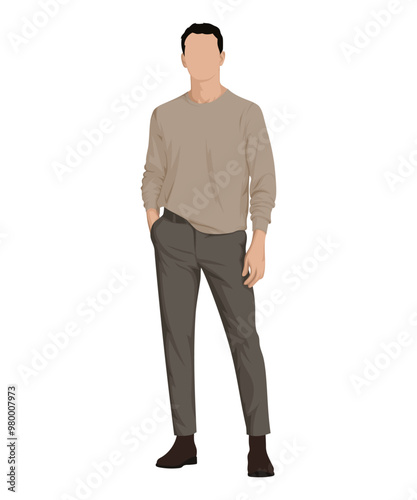 Vector illustration of a man in a beige sweater and gray-green pants. Calm beige image