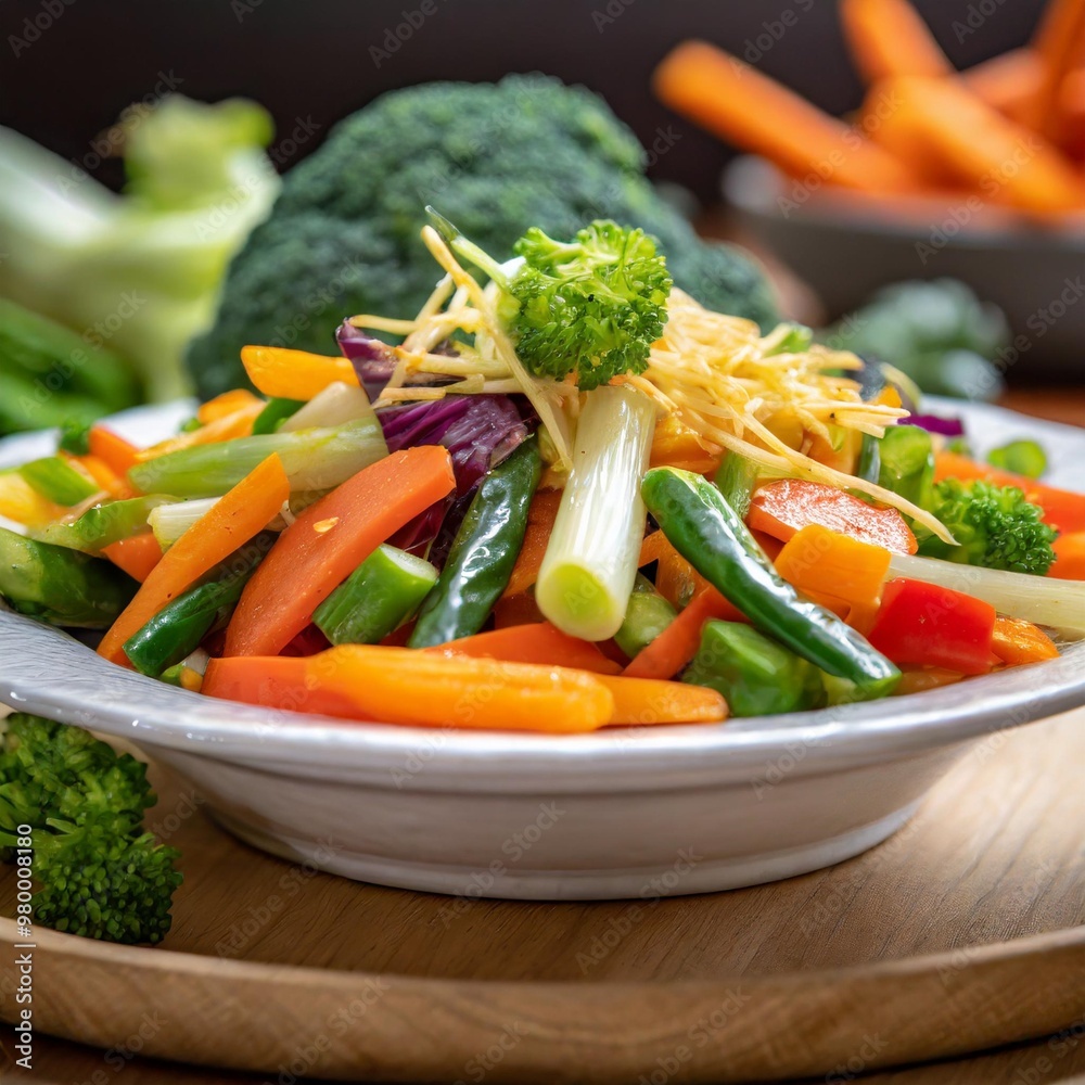 Colorful vegetable stir-fries with depth of field featuring a variety of fresh vegetables and bold flavors Colorful vegetable stir-fries with depth of field featuring a variety of fresh vegetables and bold flavors