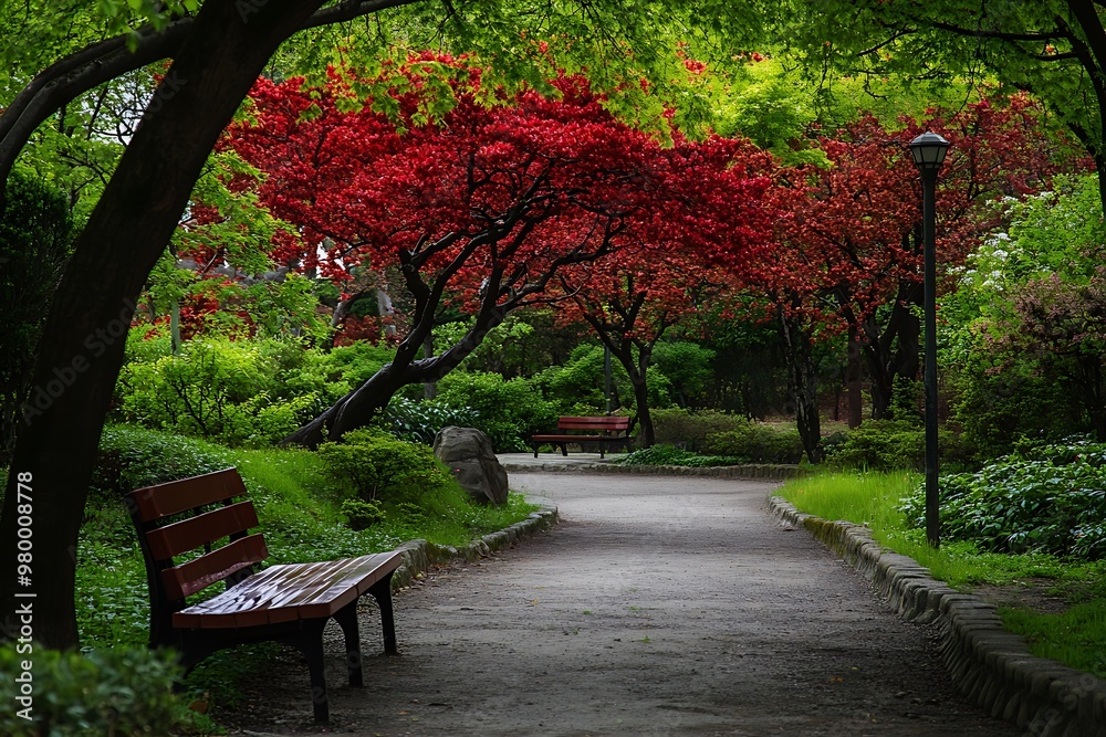 Pathway through lush green park with red maple trees and wooden benches. Concept of relaxation, tranquility, nature, and peace Pathway through lush green park with red maple trees and wooden benches. Concept of relaxation, tranquility, nature, and peace