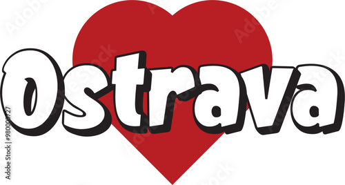 Ostrava city text design with red heart typographic icon design suitable for touristic promotion