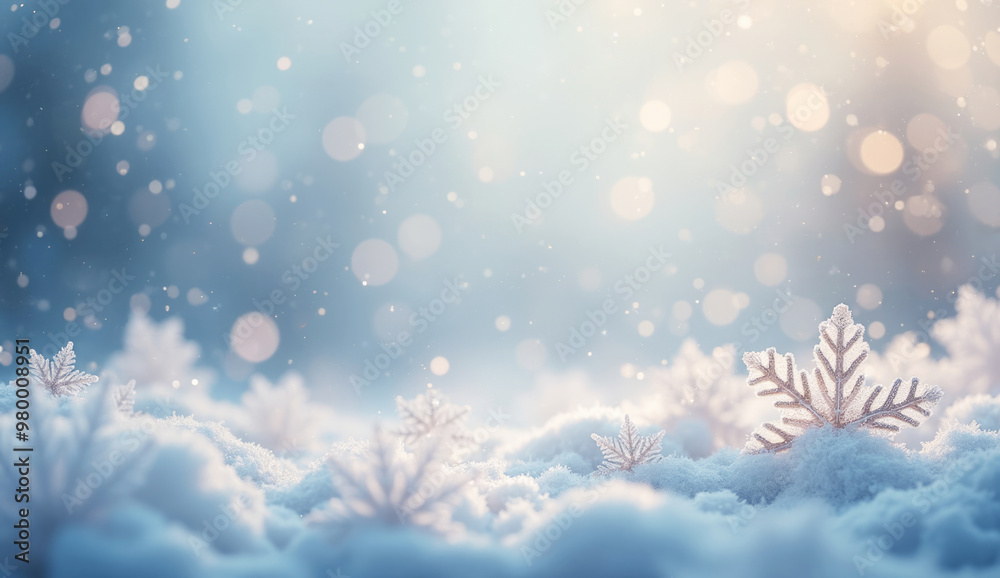 Delicate snowflakes on snow with softlight sin the blue background, perfect for seasonal designs. Delicate snowflakes on snow with softlight sin the blue background, perfect for seasonal designs.