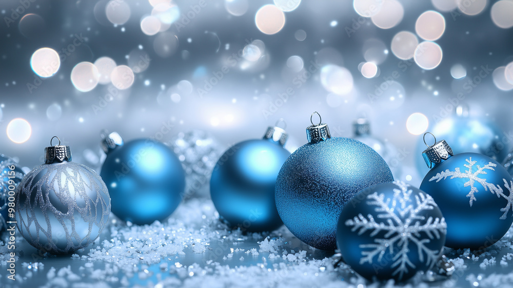 Silver background with blue Christmas ornaments and snowflakes, creating an elegant festive atmosphere. Sparkling lights for visual appeal. Perfect wallpaper or Christmas banner for holiday promotion. Silver background with blue Christmas ornaments and snowflakes, creating an elegant festive atmosphere. Sparkling lights for visual appeal. Perfect wallpaper or Christmas banner for holiday promotion.