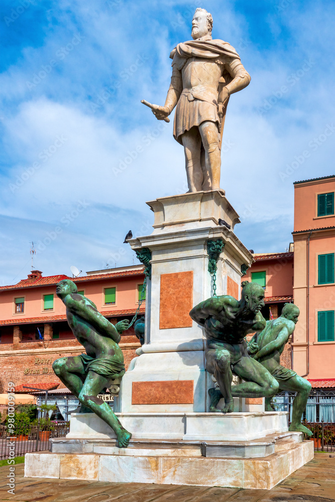 Statue of Ferdinand I with bronze Moors symbolizing Medici victories in Livorno.