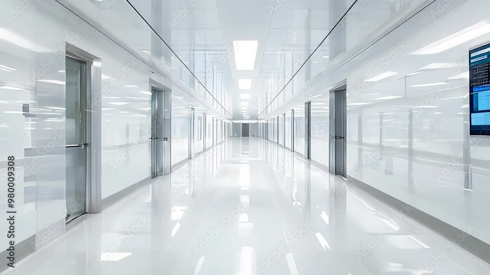 Bright futuristic hallway with white walls and glass doors in a modern facility representing clean technology and innovation indoors Bright futuristic hallway with white walls and glass doors in a modern facility representing clean technology and innovation indoors