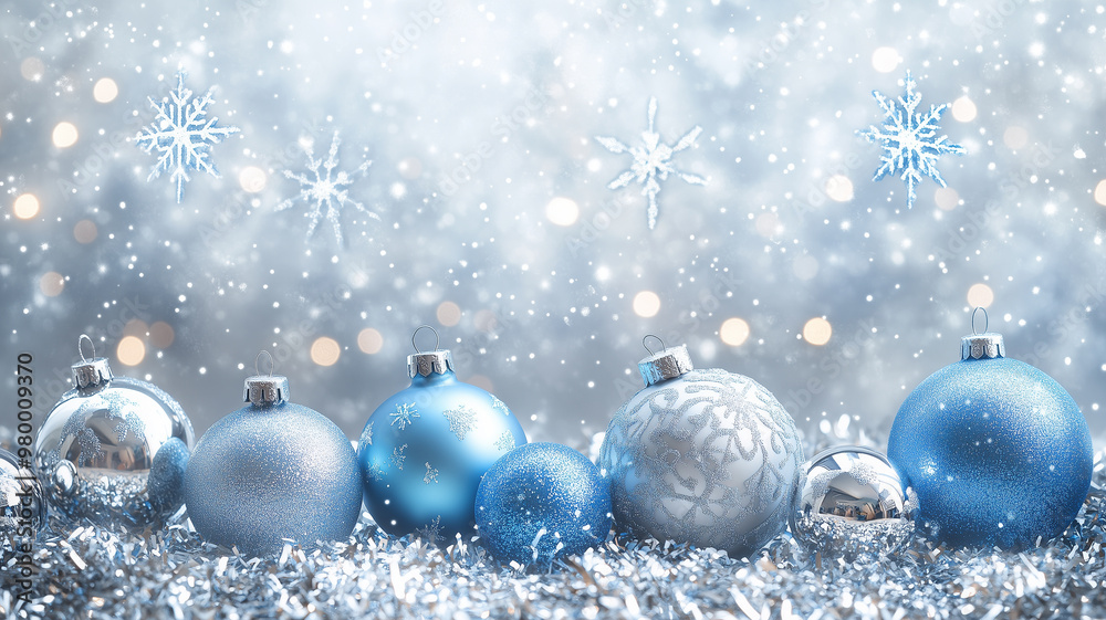 Silver background with blue Christmas ornaments and snowflakes, creating an elegant festive atmosphere. Sparkling lights for visual appeal. Perfect wallpaper or Christmas banner for holiday promotion. Silver background with blue Christmas ornaments and snowflakes, creating an elegant festive atmosphere. Sparkling lights for visual appeal. Perfect wallpaper or Christmas banner for holiday promotion.