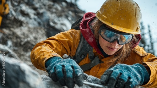 A woman, equipped with safety gear, is focused on climbing in challenging rocky conditions. She demonstrates skill and caution amidst snowfall