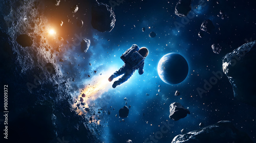 A child flying a jetpack through space weaving between asteroids and stars with planets visible in the distance.