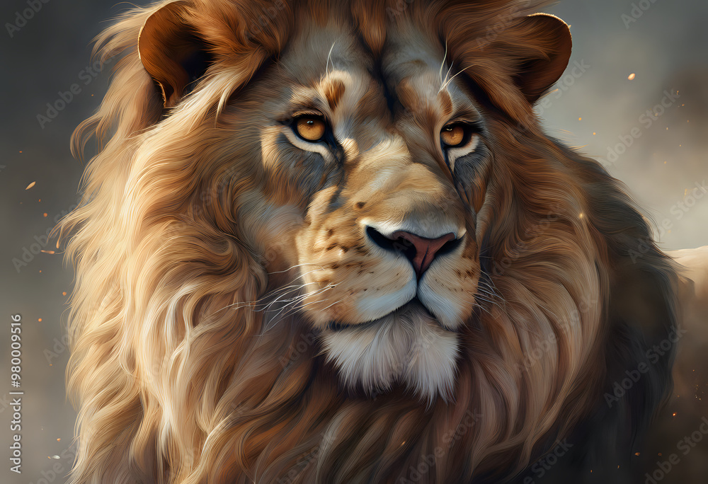 Fototapeta premium Close-up portrait of a majestic lion with a detailed mane, showcasing its powerful and dangerous presence