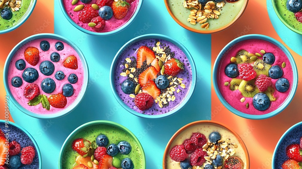 Bowls brimming with varied smoothies, topped with fruit, granola Bowls brimming with varied smoothies, topped with fruit, granola