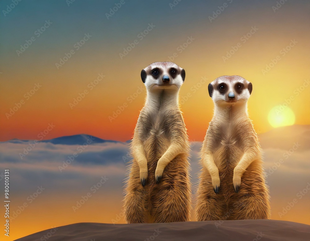 Meerkats at Sunset on Serene Savannah Meerkats at Sunset on Serene Savannah