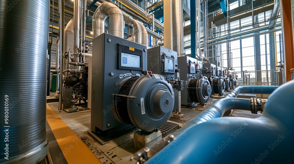 Industrial Machinery and Piping System in a Factory Setting Industrial Machinery and Piping System in a Factory Setting