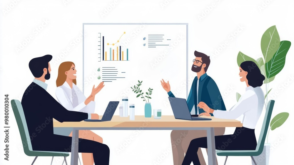 Business meeting, productive discussion on development goals, vector flat design illustration Business meeting, productive discussion on development goals, vector flat design illustration