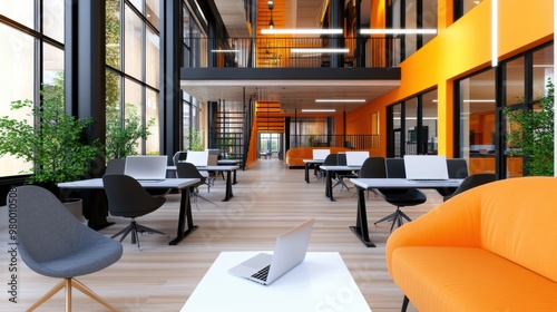 A room with a lot of tables and chairs in it, AI