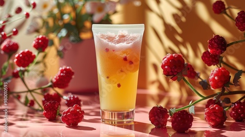 Refreshing beverage with raspberries displayed artistically on a vibrant tabletop in warm afternoon light