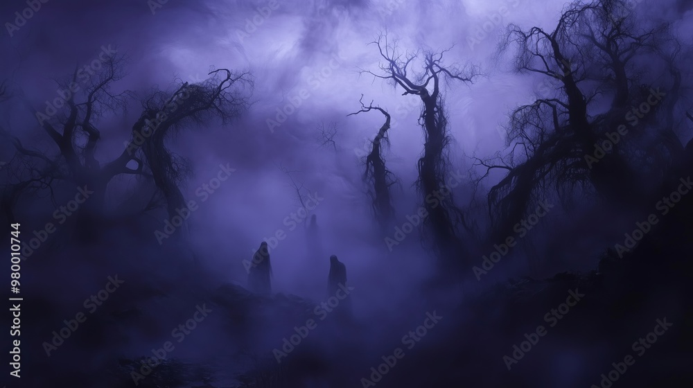 A spooky fog blankets a gothic landscape, with ghostly figures enhancing the eerie, mysterious vibe.