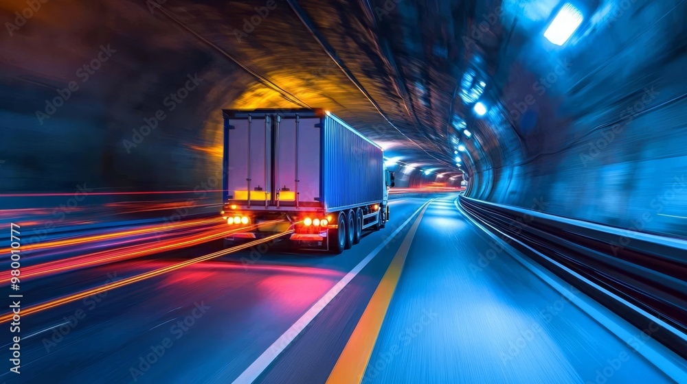Fototapeta premium Speeding Delivery Truck in Colorful Tunnel Racing Against Time