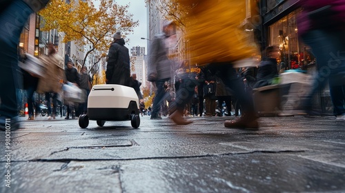 Wallpaper Mural Futuristic Delivery Robot Gliding on Sidewalk with Blurred Pedestrians - Technology in Motion Torontodigital.ca