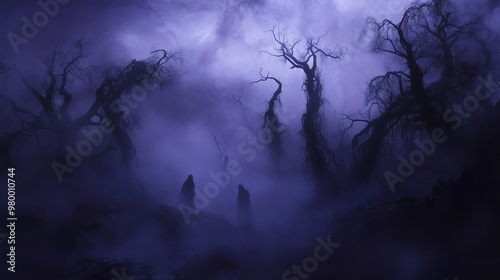 Obraz na płótnie A spooky fog blankets a gothic landscape, with ghostly figures enhancing the eerie, mysterious vibe. w salonie