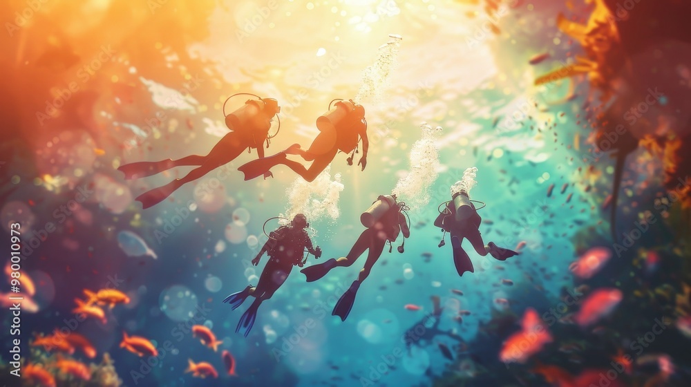 Fototapeta premium A group of divers are swimming in the ocean