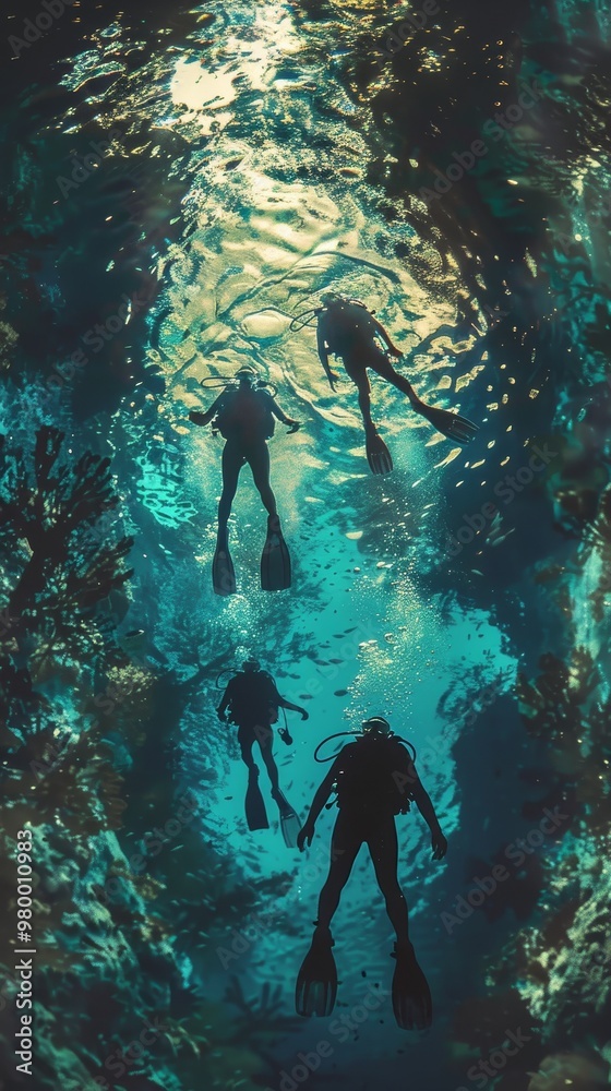 Fototapeta premium A group of three scuba divers are swimming in a tunnel