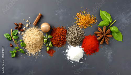 Spices and herbs on  graphite board isolated with white highlights, png photo