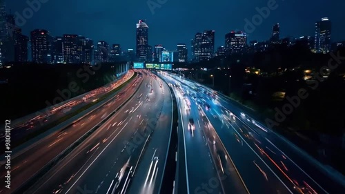 traffic on highway in the city at night