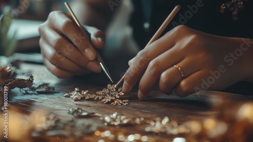 A skilled jewelry maker carefully assembles a delicate necklace using various tools in a warm and inviting workshop filled with fine details photo