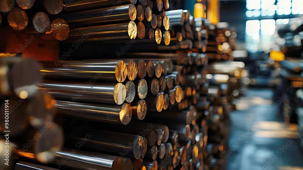 Stacked metal rods in industrial warehouse steel production materials for manufacturing heavy industry metalwork storage