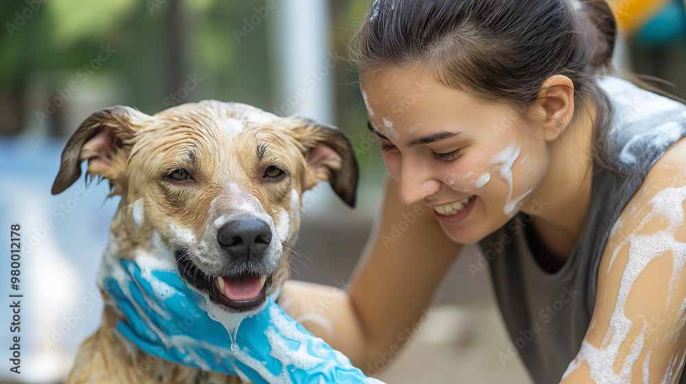 smiling volunteer with gloves washing a dog ,Woman shampooing a dog smiling volunteer with gloves washing a dog ,Woman shampooing a dog
