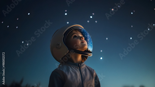 A child wearing an astronaut helmet pretending to fly into space while looking up at the stars.