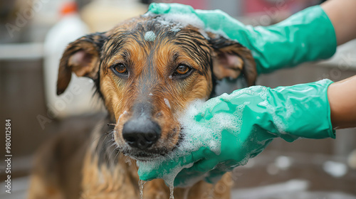 volunteer with gloves washing a dog ,Woman shampooing a dog 