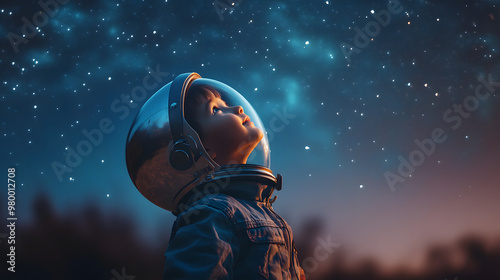 A child wearing an astronaut helmet pretending to fly into space while looking up at the stars.