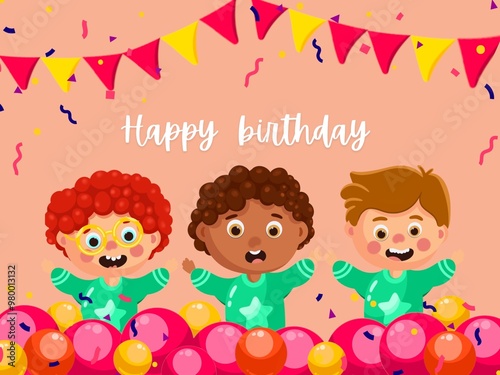 Happy birthday greeting card with garland , balloons,gift and lettering design.