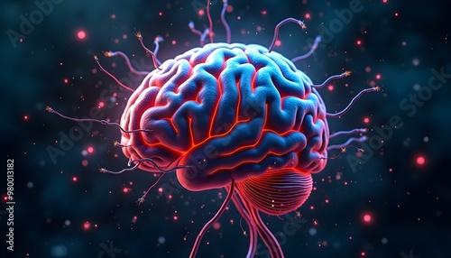 ADHD and Autism represented by a brain with wires and circuits protruding from it, surrounded by a storm of pixelated glitches and static effects, creating a sense of digital chaos
