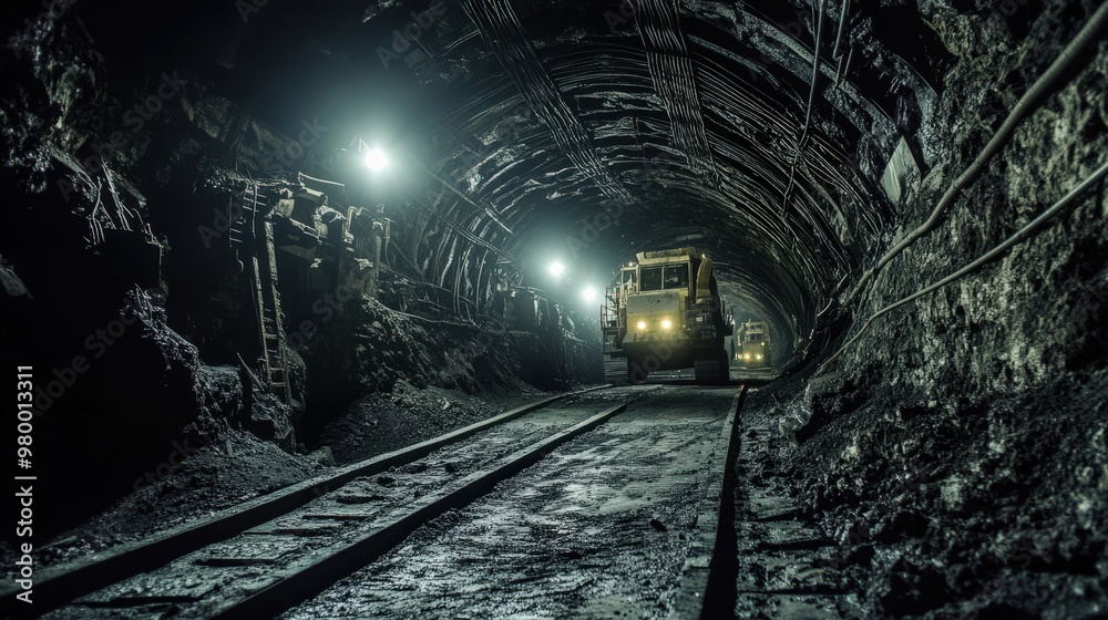 Naklejka premium Miners operate heavy machinery inside a deep underground mine, with strong lights illuminating the dark tunnel. Dust and rock surround them as they extract minerals