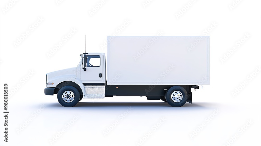 A sleek white delivery truck isolated against an infinite white background, showcasing crisp shadows and gleaming paintwork A sleek white delivery truck isolated against an infinite white background, showcasing crisp shadows and gleaming paintwork