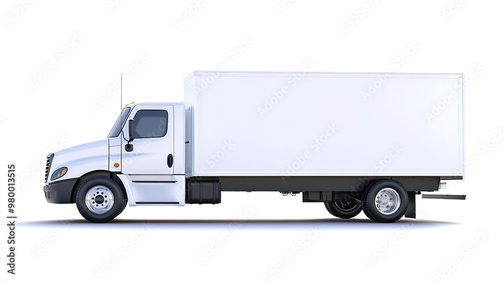 A sleek white delivery truck isolated against an infinite white background, showcasing crisp shadows and gleaming paintwork A sleek white delivery truck isolated against an infinite white background, showcasing crisp shadows and gleaming paintwork