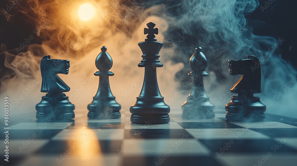 Chessboard game symbolizing business concepts, competition, and strategic thinking. Chess pieces set against a dark, smoky background with fog. Chessboard game symbolizing business concepts, competition, and strategic thinking. Chess pieces set against a dark, smoky background with fog.