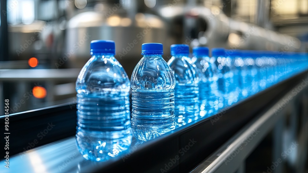 Plastic bottles with blue caps travel along a conveyor belt in an industrial water bottling factory, part of the production line for a bottled water manufacturer Plastic bottles with blue caps travel along a conveyor belt in an industrial water bottling factory, part of the production line for a bottled water manufacturer
