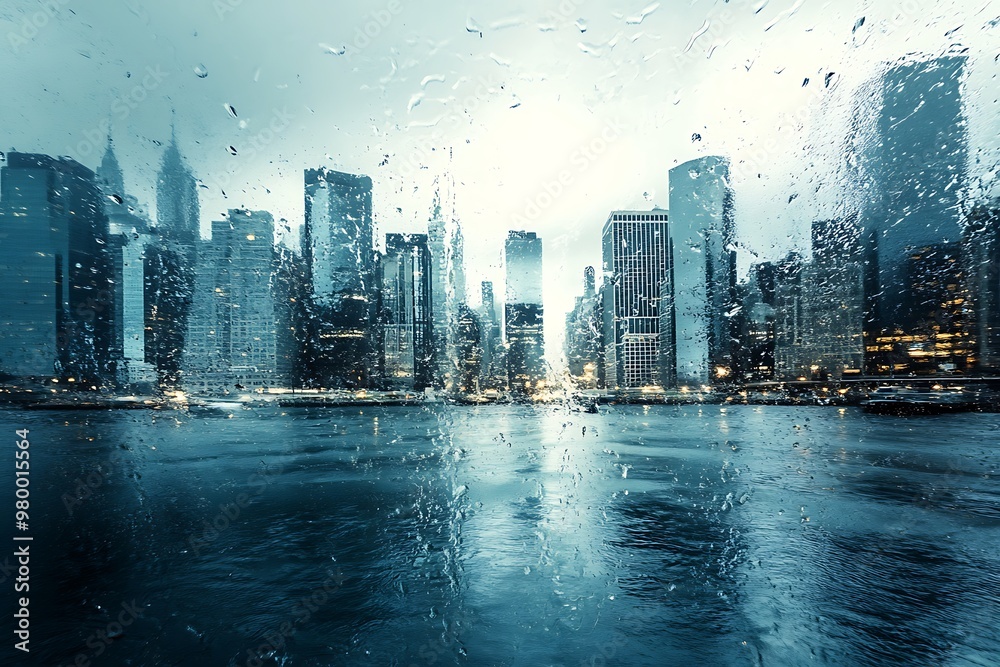 Fototapeta premium Rainy Cityscape, View of the NYC skyline through a rainy window