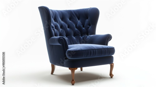 wingback chair with deep navy blue fabric upholstery and wooden legs